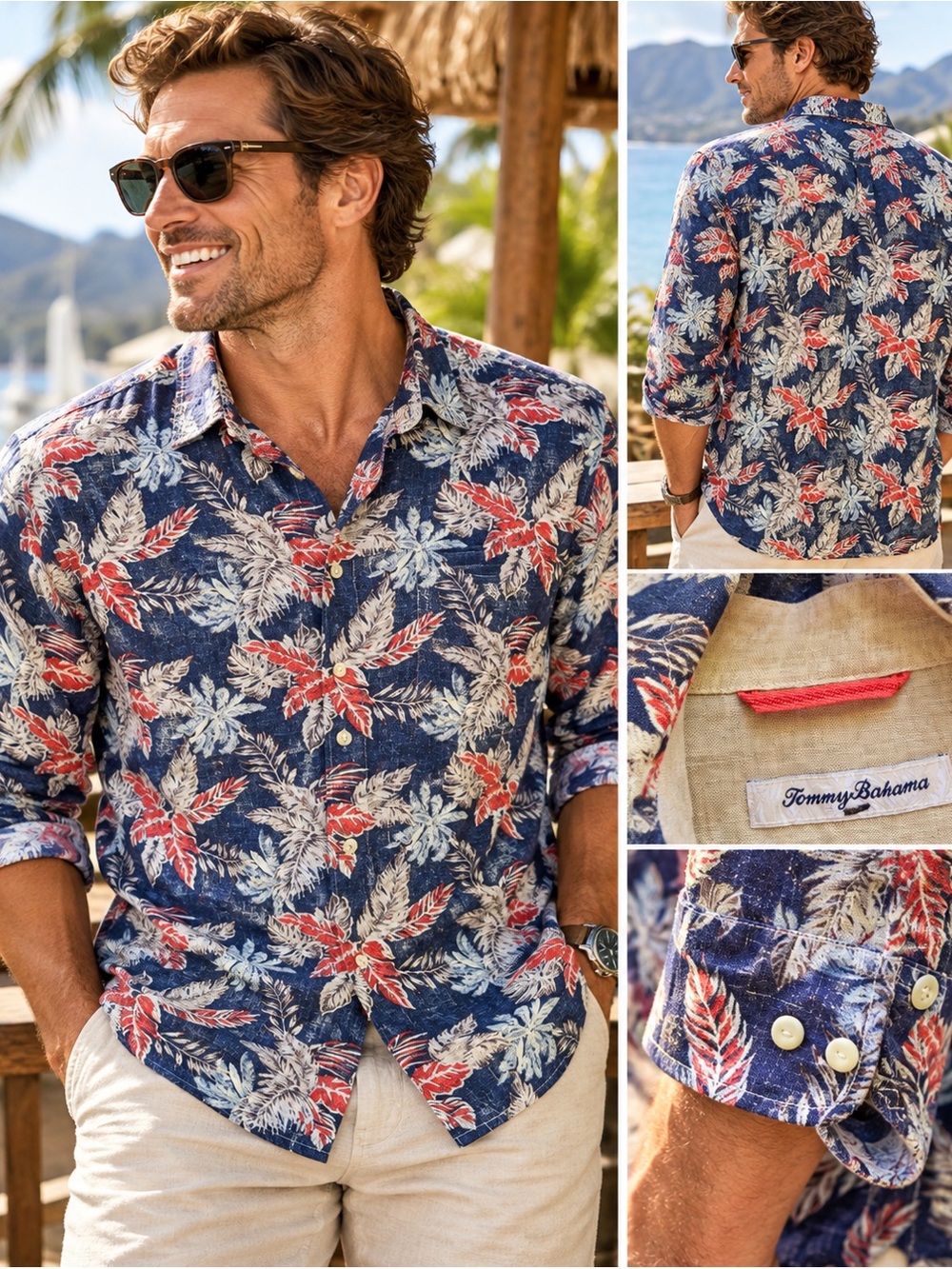 Tommy Bahama Men's Navy Tropical-Print all Linen Shirt XL